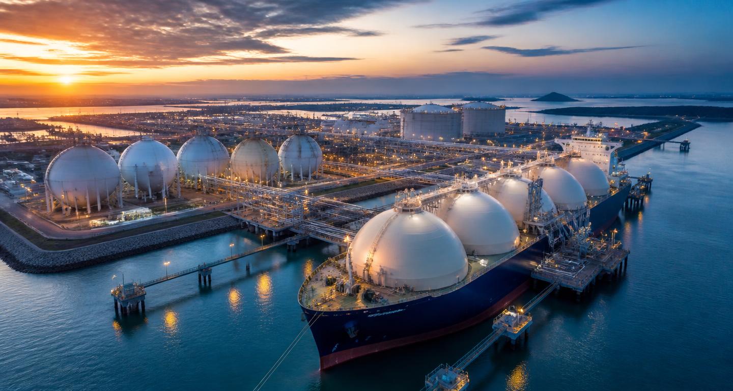 LNG terminal with storage tanks and carrier ship at sunset